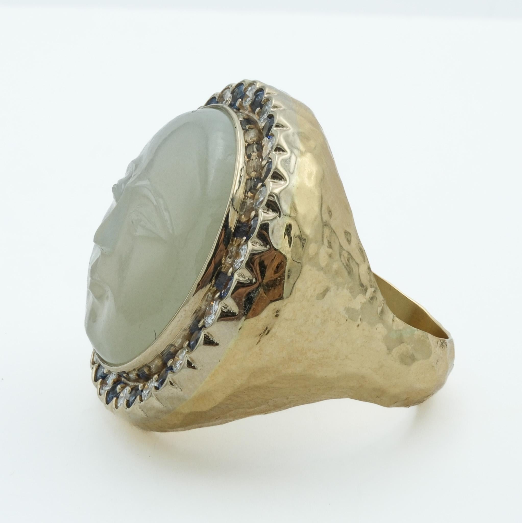 Cabochon Artisan Made 18 Karat Yellow Gold Moonstone Face, Diamond and Sapphire Ring For Sale