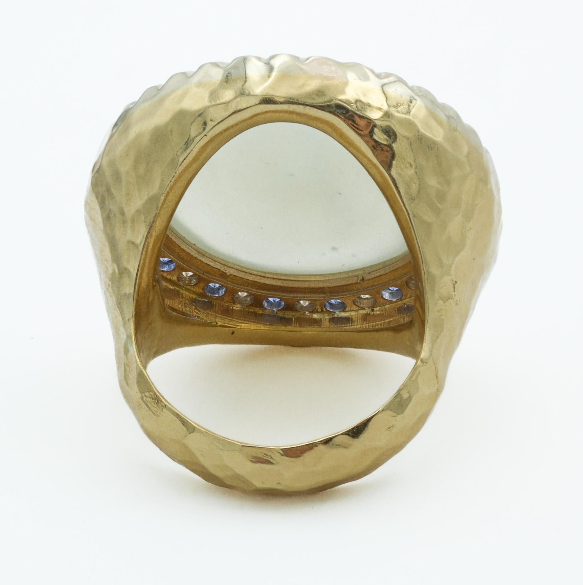 Artisan Made 18 Karat Yellow Gold Moonstone Face, Diamond and Sapphire Ring In Good Condition For Sale In Fairfield, CT