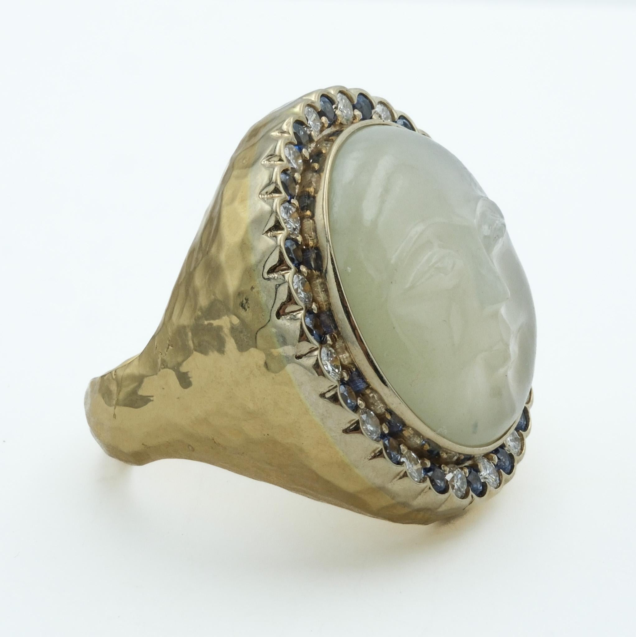 Women's Artisan Made 18 Karat Yellow Gold Moonstone Face, Diamond and Sapphire Ring For Sale