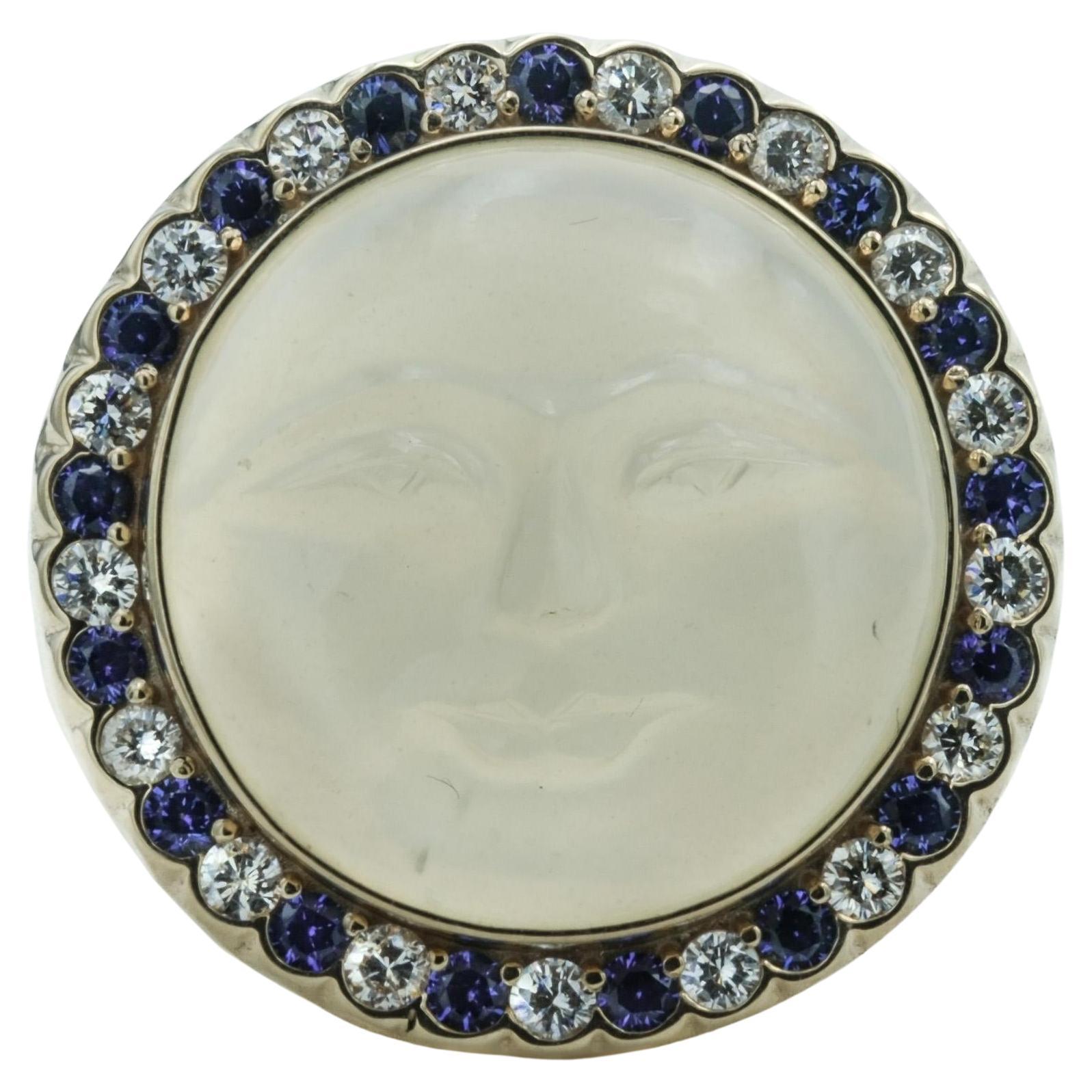 Artisan Made 18 Karat Yellow Gold Moonstone Face, Diamond and Sapphire Ring For Sale