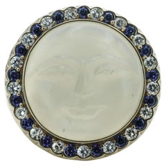 Carved Moonstone Face Ring With Diamonds and Sapphires in 18K Yellow Gold