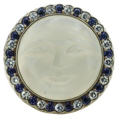 Artisan Made 18 Karat Yellow Gold Moonstone Face, Diamond and Sapphire Ring