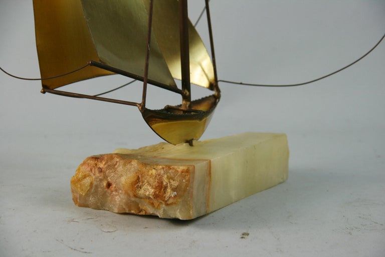 Artisan Made Brass and Onyx Large Sail Boat Sculpture Signed DeMott For Sale 6