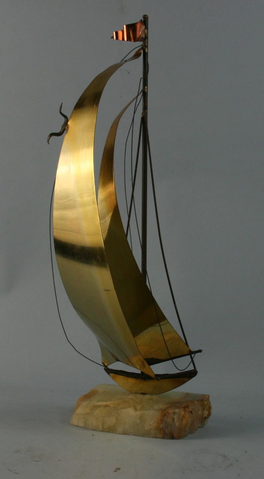 3-766 Hand made brass and onyx sail boat.
