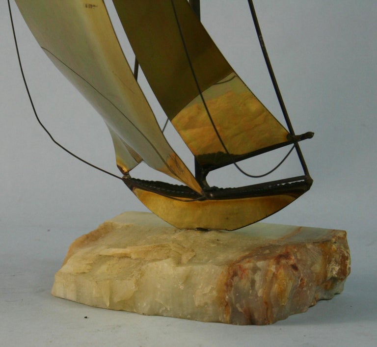 Artisan Made Brass and Onyx Large Sail Boat Sculpture Signed DeMott In Good Condition For Sale In Douglas Manor, NY
