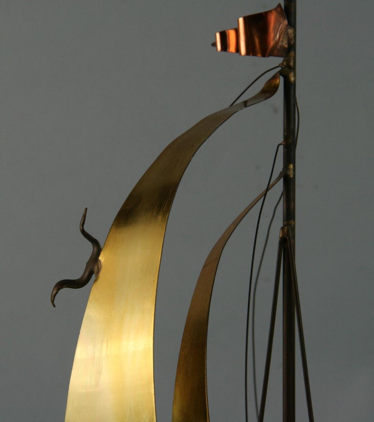 Late 20th Century Artisan Made Brass and Onyx Large Sail Boat Sculpture Signed DeMott For Sale