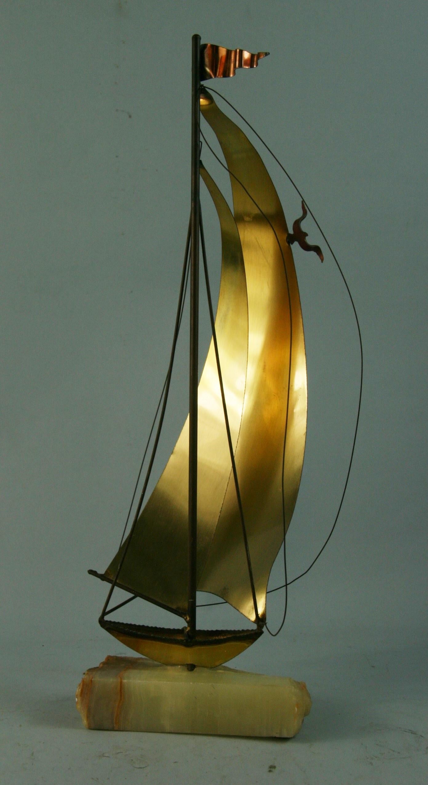 Artisan Made Brass and Onyx Large Sail Boat Sculpture Signed DeMott In Good Condition For Sale In Douglas Manor, NY