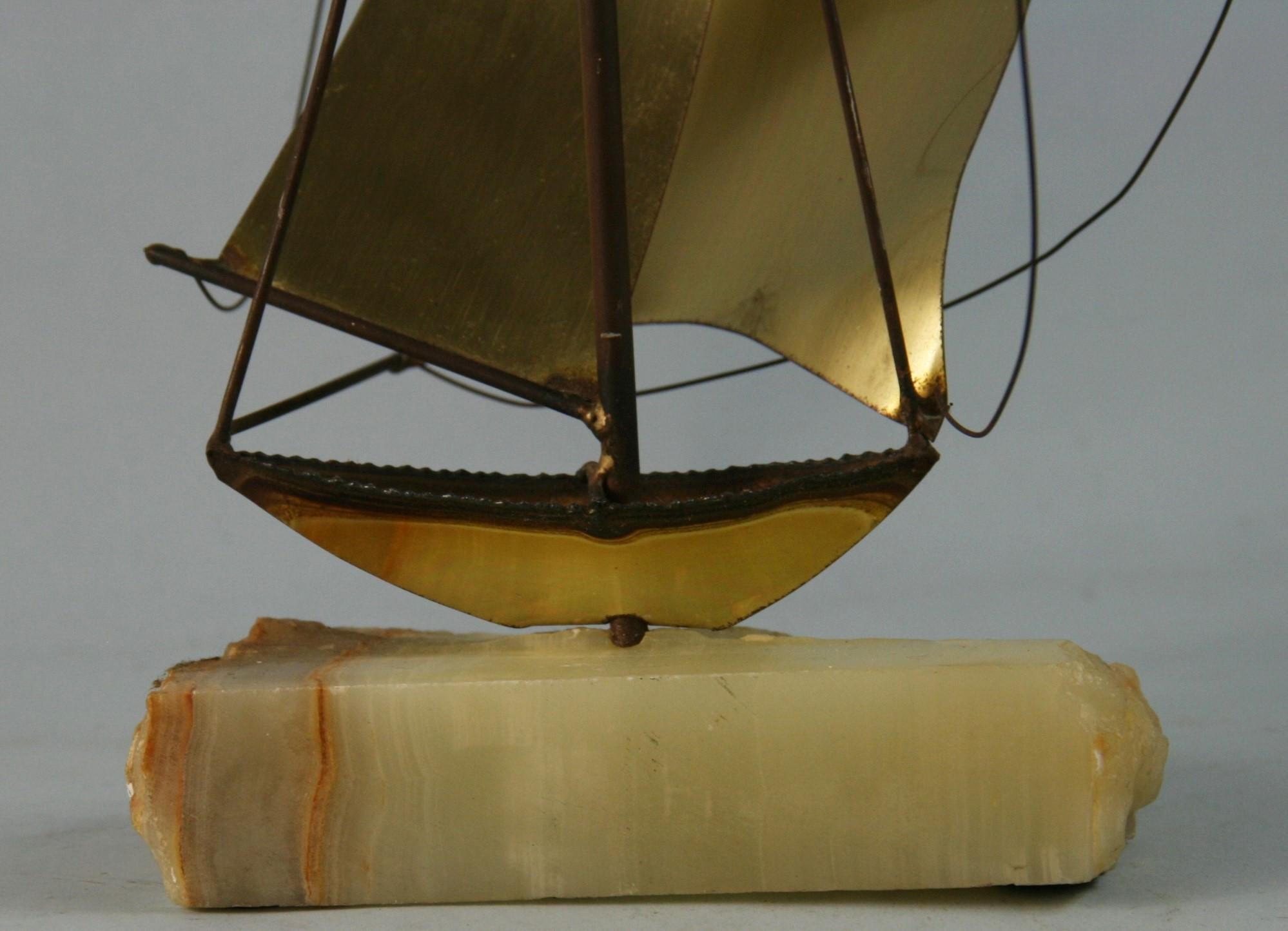 Late 20th Century Artisan Made Brass and Onyx Large Sail Boat Sculpture Signed DeMott For Sale