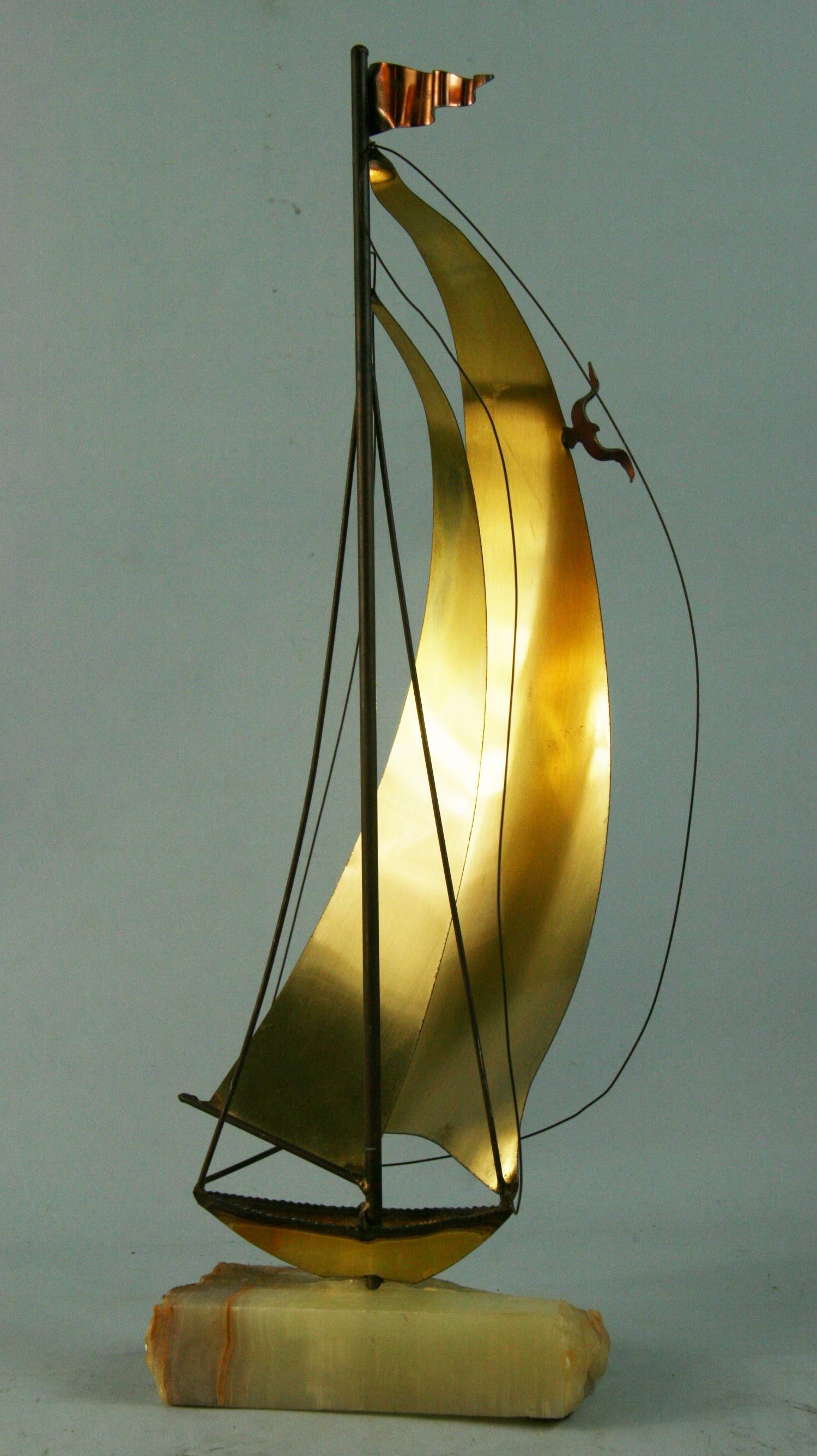 Artisan Made Brass and Onyx Large Sail Boat Sculpture Signed DeMott For Sale 1