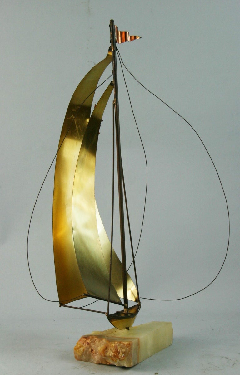 Artisan Made Brass and Onyx Large Sail Boat Sculpture Signed DeMott For Sale 5