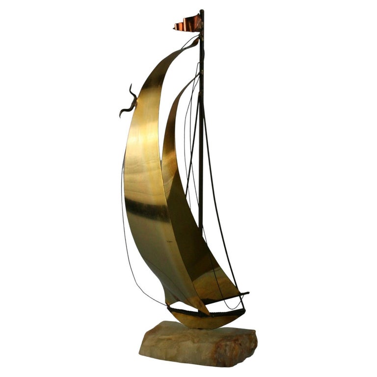 Artisan Made Brass and Onyx Large Sail Boat Sculpture Signed DeMott For Sale