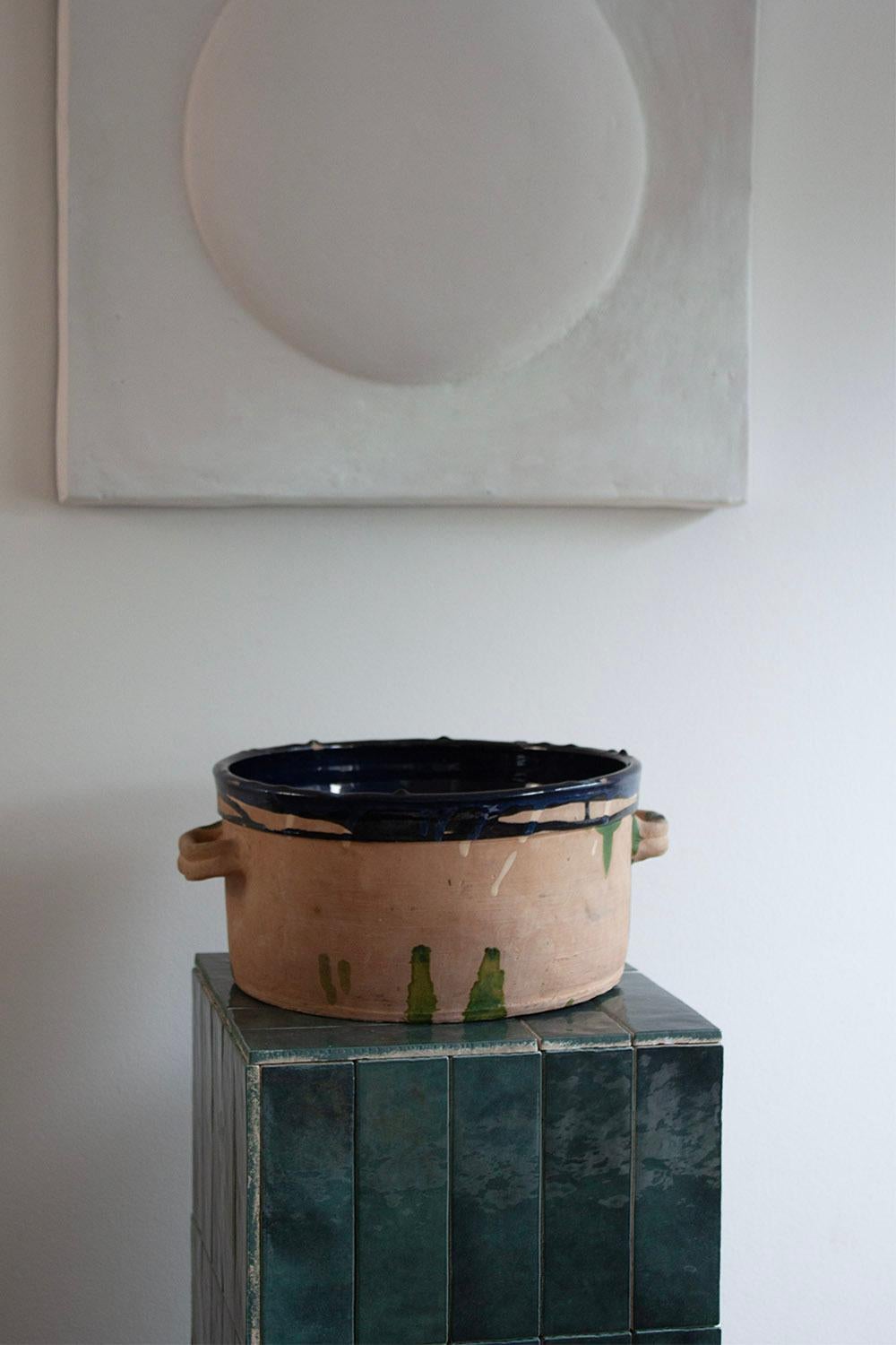 Bohemian Artisan Made German Country Style Terracotta Blue Green Glaze Bowl Kitchen Pot For Sale