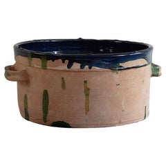 Used Artisan Made German Country Style Terracotta Blue Green Glaze Bowl Kitchen Pot