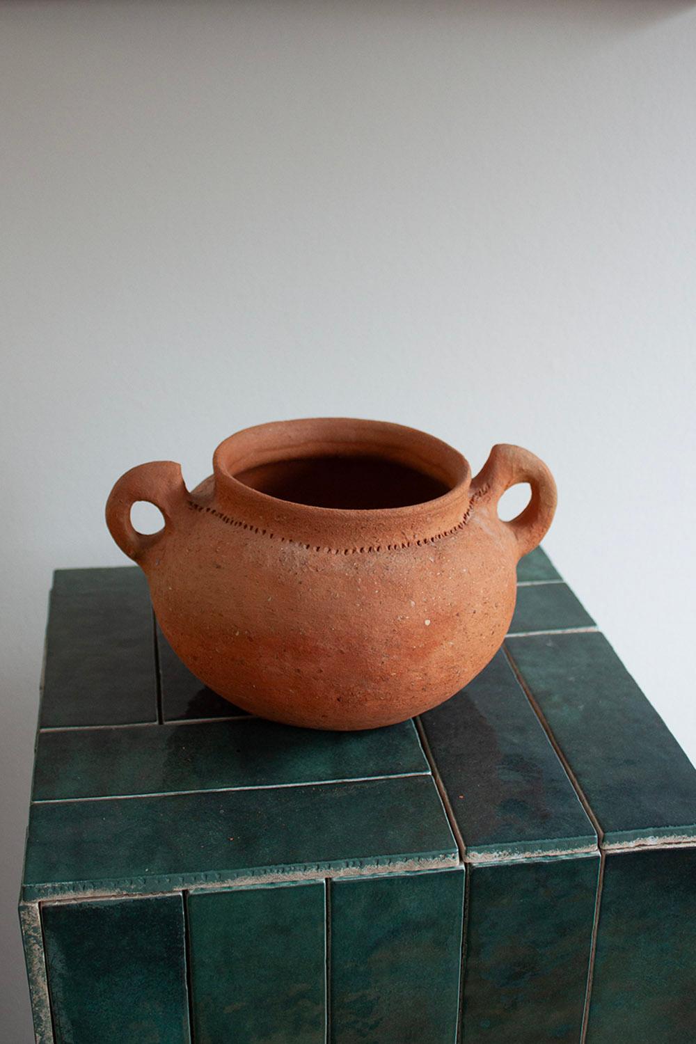 Primitive Artisan Made German Small Terracotta Amphora with Wrap Around Decoration For Sale
