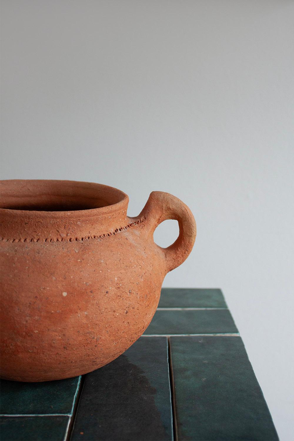 Hand-Crafted Artisan Made German Small Terracotta Amphora with Wrap Around Decoration For Sale