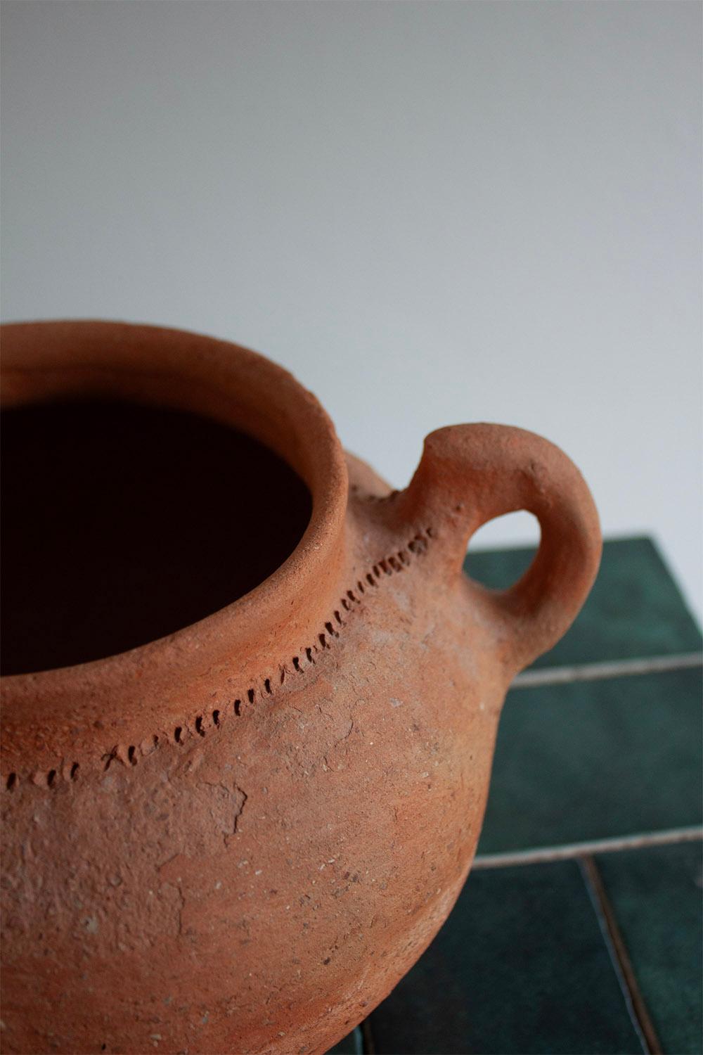 Ceramic Artisan Made German Small Terracotta Amphora with Wrap Around Decoration For Sale