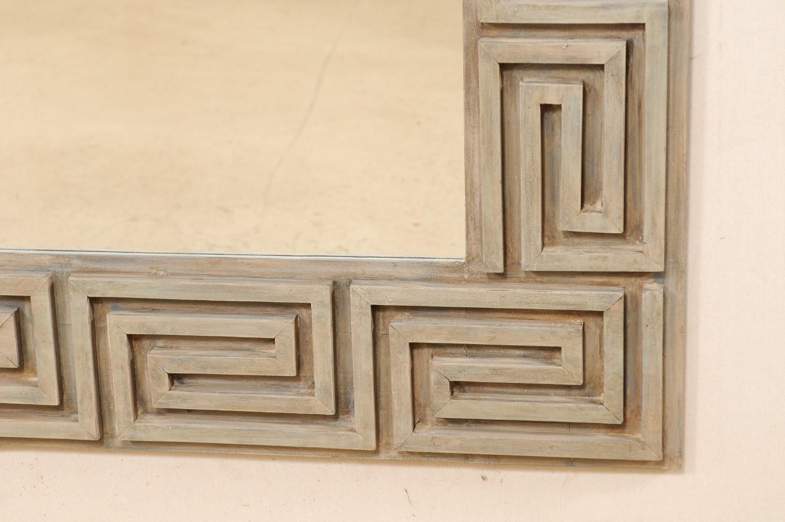 Artisan-Made Greek Key Carved and Painted Wood Rectangular Mirror In Good Condition For Sale In Atlanta, GA