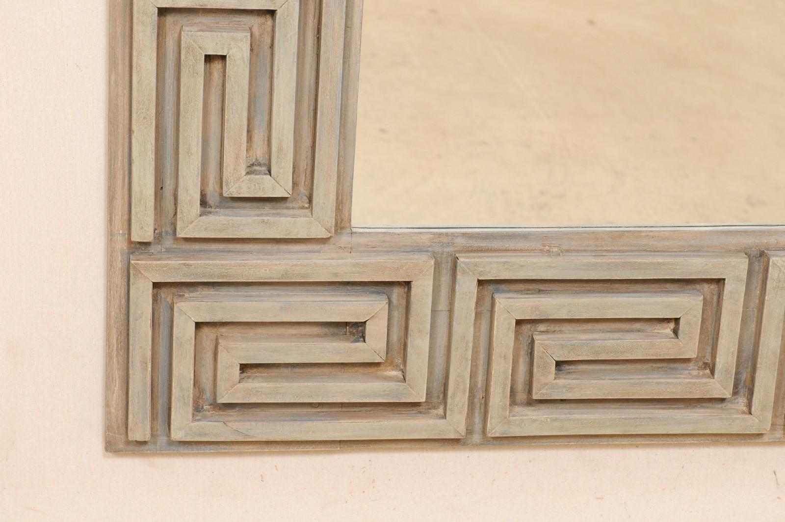 Contemporary Artisan-Made Greek Key Carved and Painted Wood Rectangular Mirror