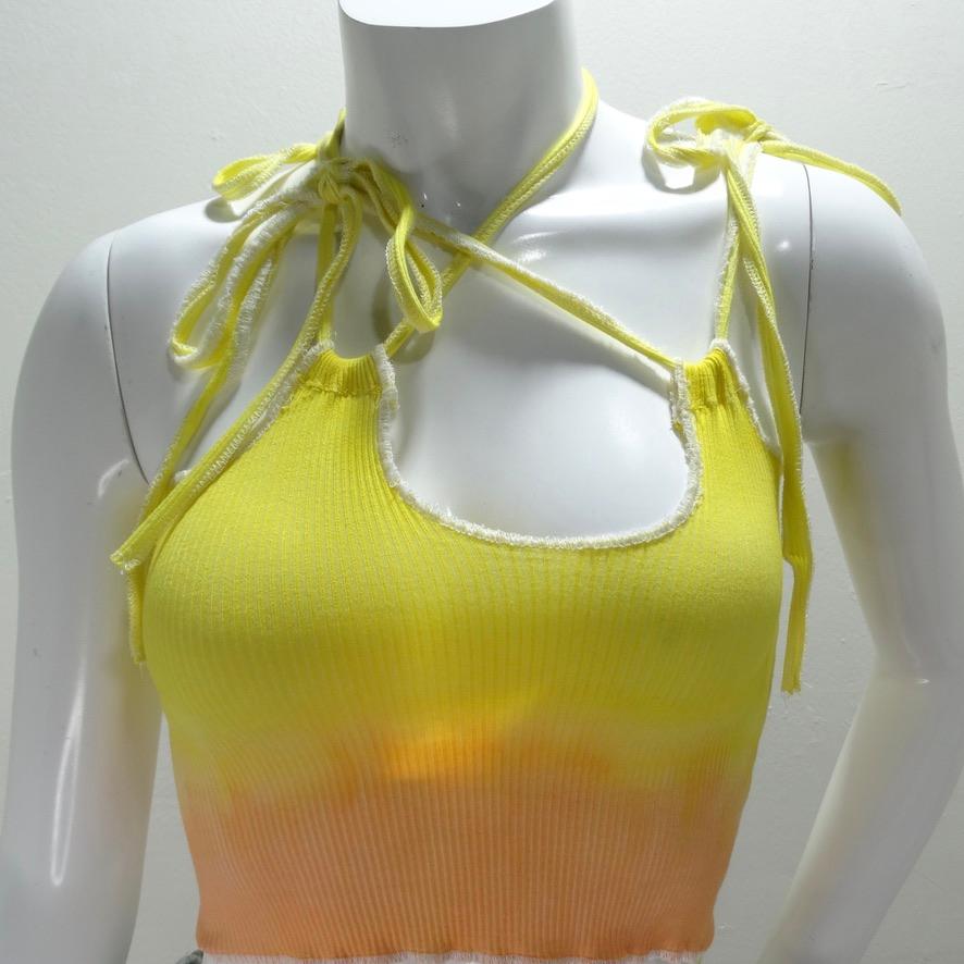 Super special artisan made hand dyed rib knit crop top! Featuring asymmetrical drawstring halter ties that you can play around with tying in all different ways to change up the look. In the most gorgeous yellow and peach gradient tones inspired by