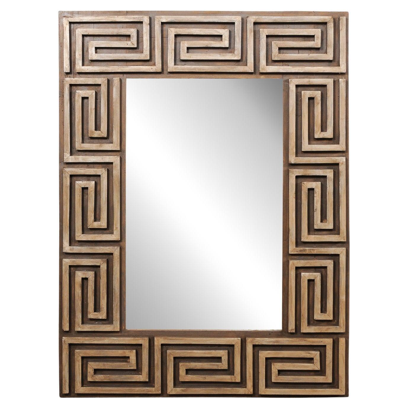 Artisan-Made Mirror w/Thick Greek-Key Motif Wooden Surround , 5+ Ft Tall
