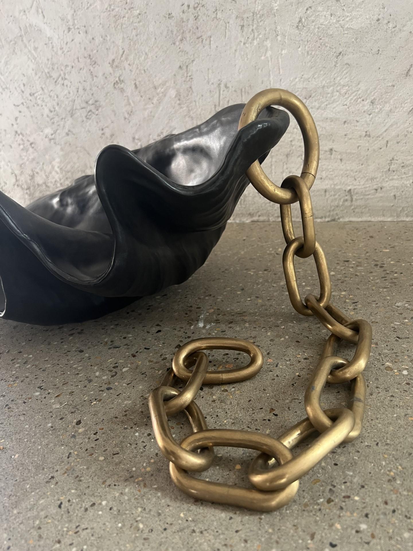 Contemporary Object d’Art / Leather Wrapped Shell with Bronze Handmade Chain In New Condition For Sale In Chicago, IL