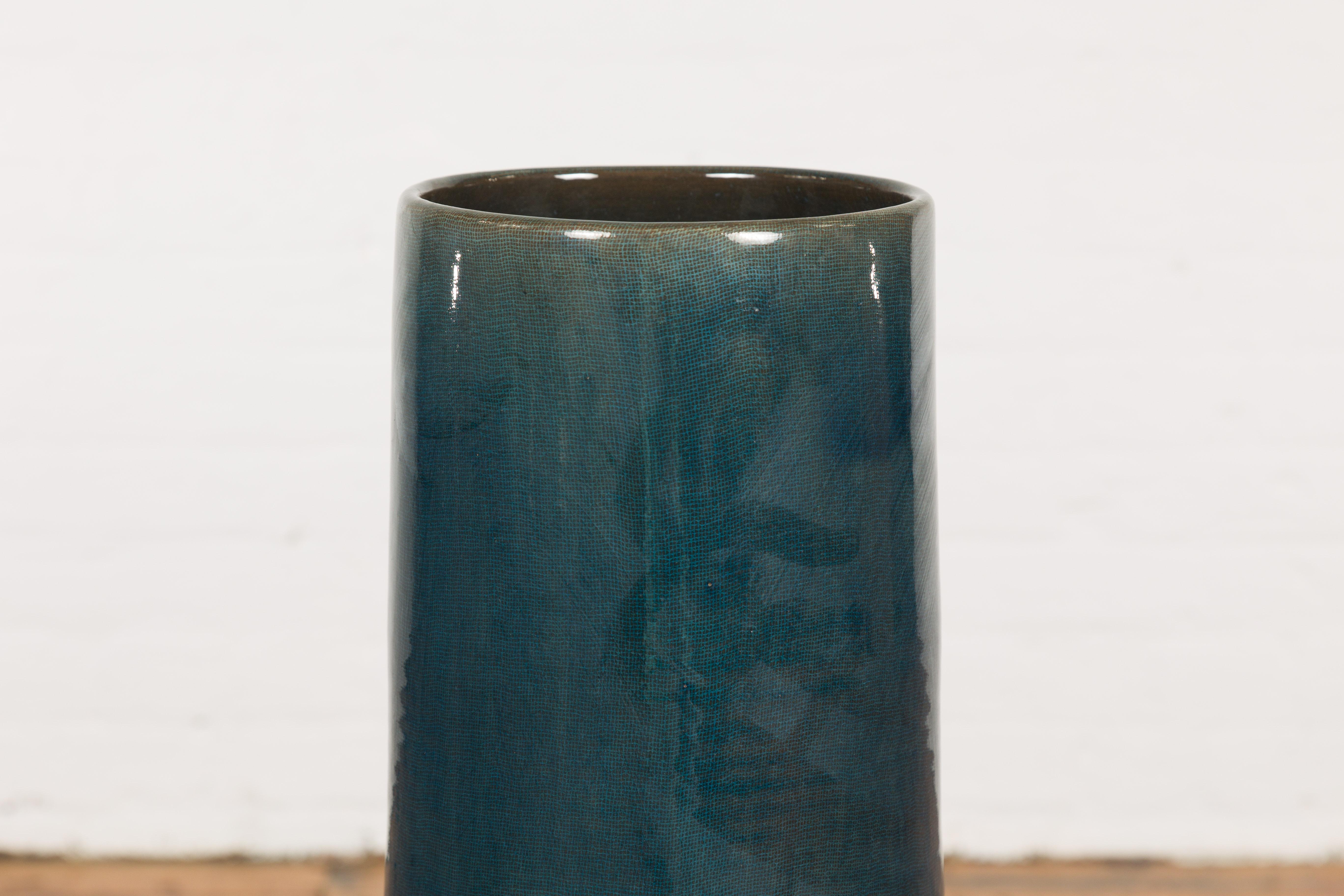 Artisan Made Prem Collection Blue Floor Ceramic Vase with Screen Patterns For Sale 2
