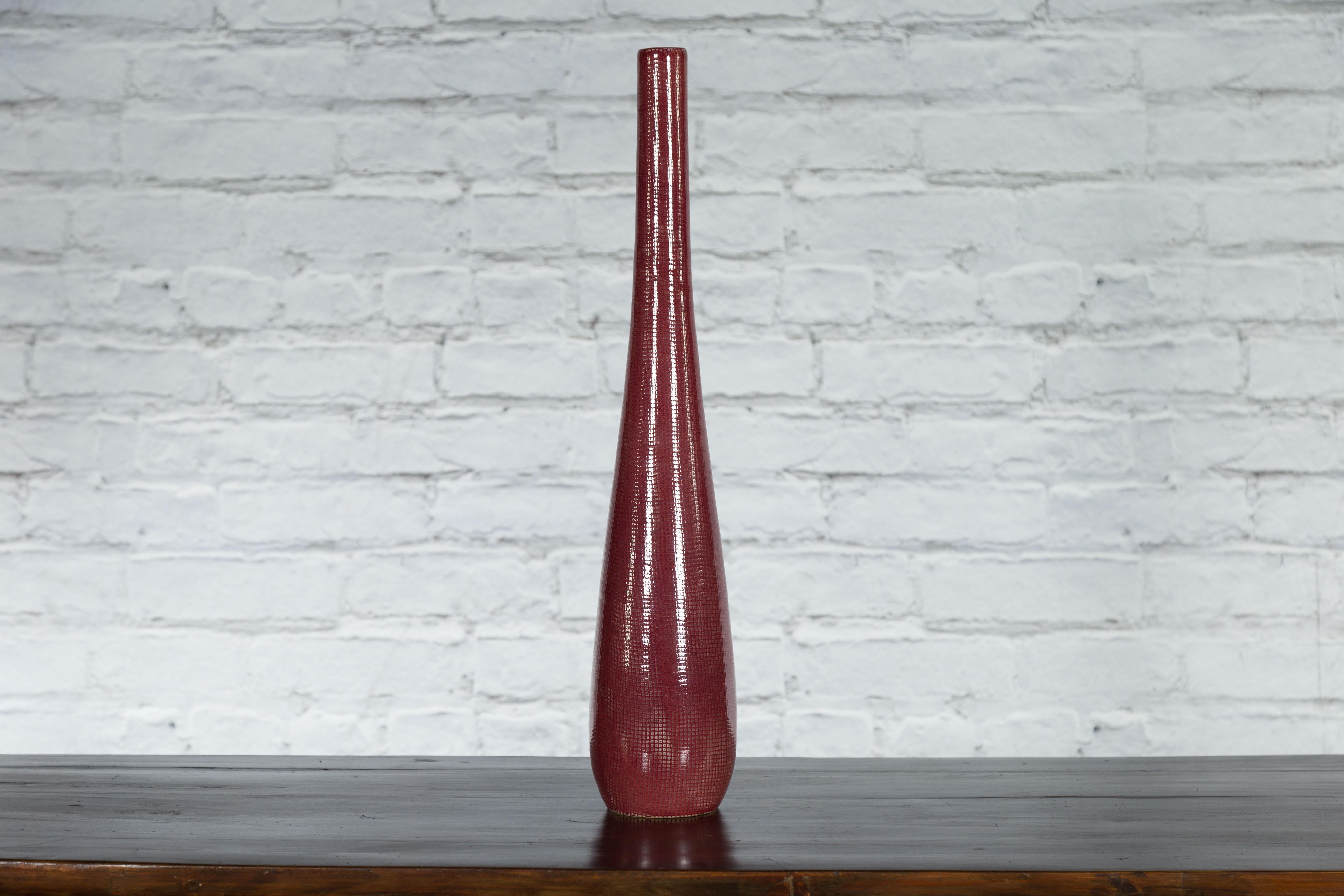 Glazed Artisan Made Prem Collection Bottle Shaped Vase with Grid Style Textured Motifs For Sale