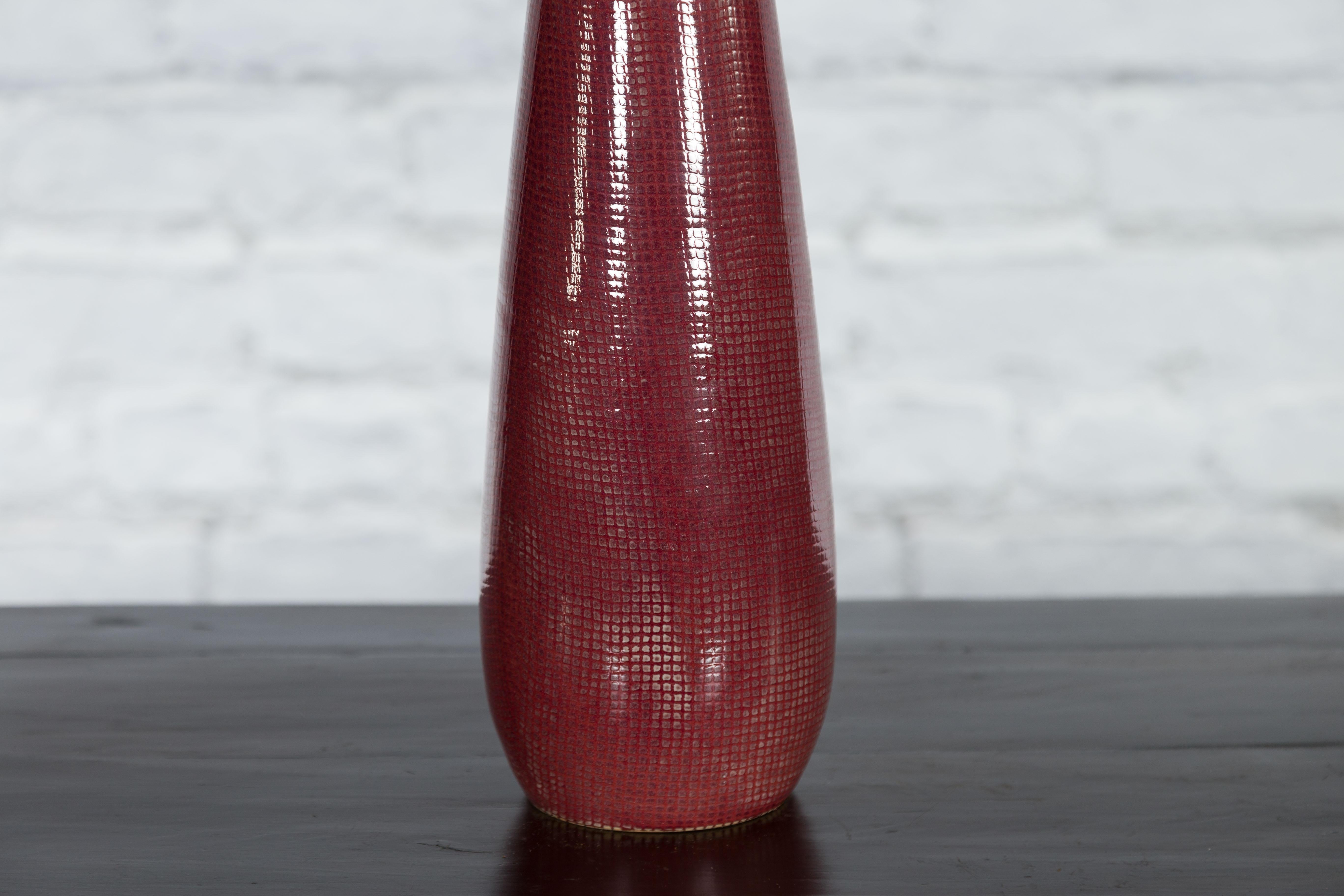 Ceramic Artisan Made Prem Collection Bottle Shaped Vase with Grid Style Textured Motifs For Sale