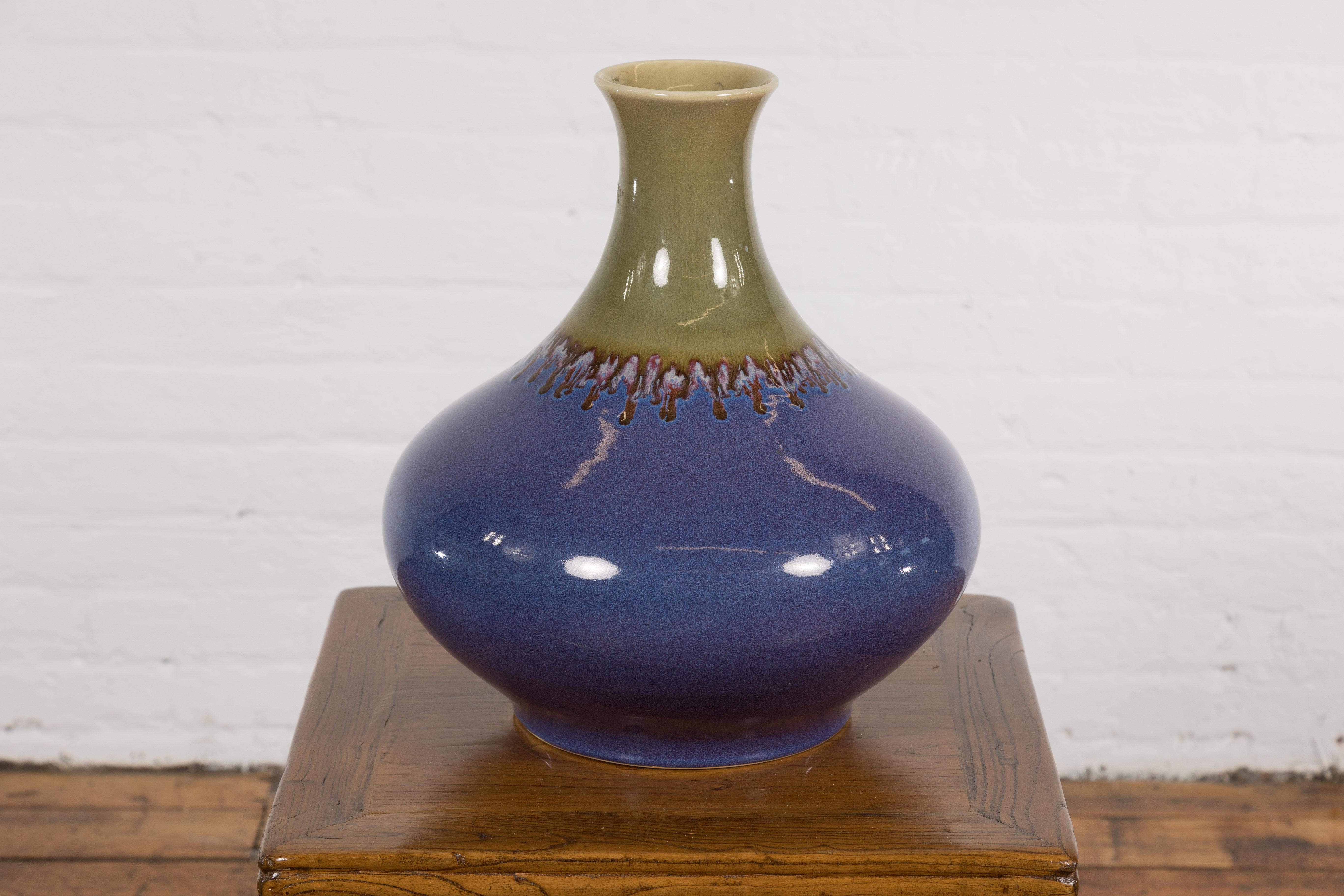 Contemporary Purple and Green Ceramic Vase For Sale 1