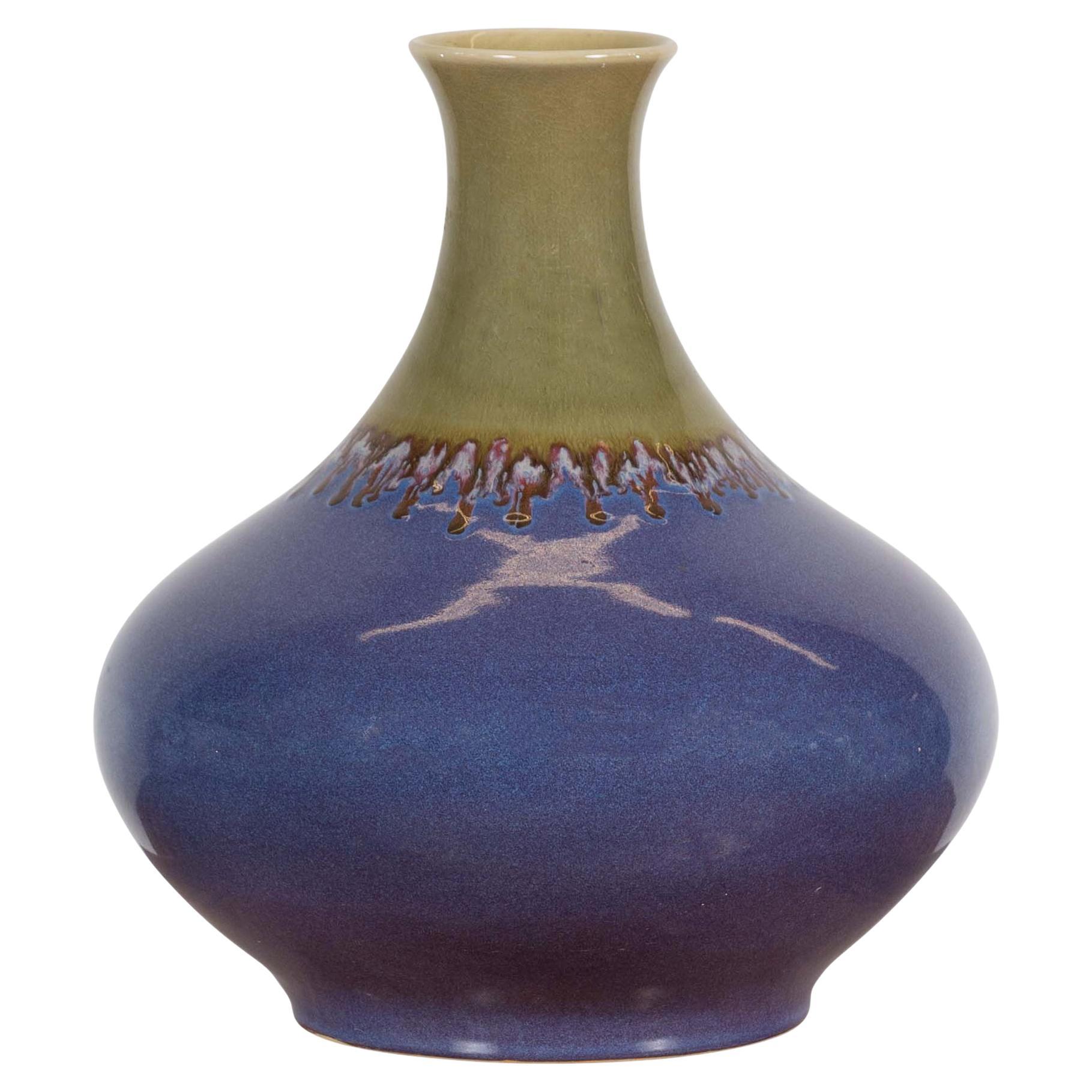 Contemporary Purple and Green Ceramic Vase For Sale