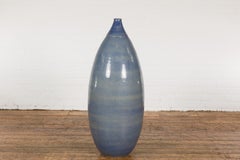 Tall Blue Ceramic Vase with Narrow Neck and Glossy Handcrafted Finish