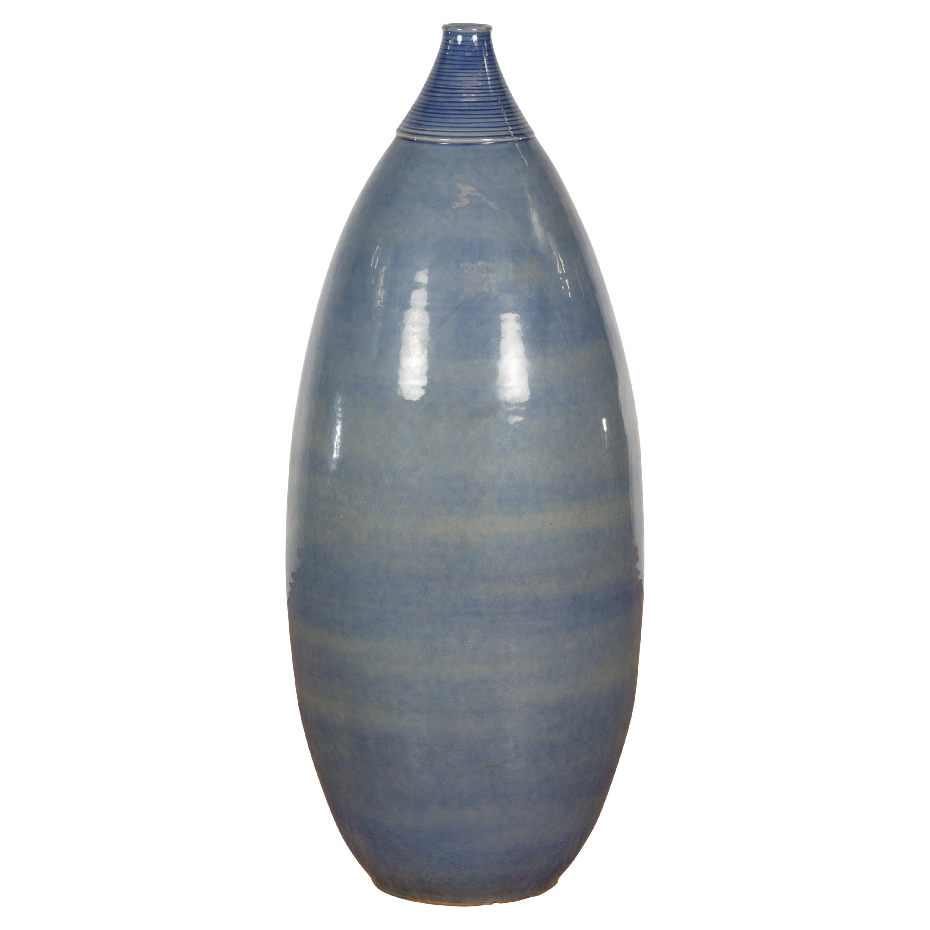 Tall Ceramic Blue Glazed Contemporary Vase For Sale
