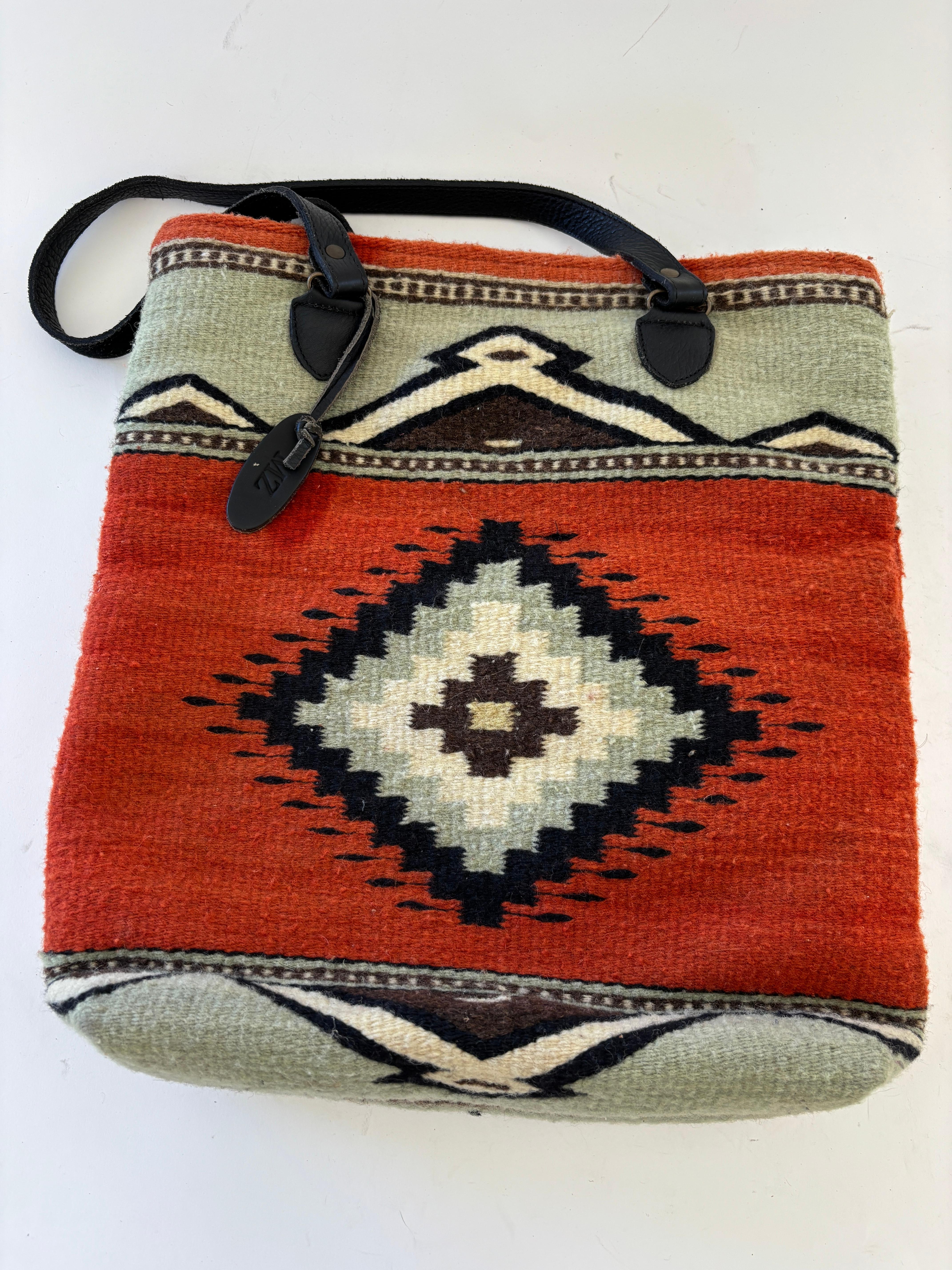 South Western Wool Tote MZ Adobe and Azul Shoulder Bag For Sale 8