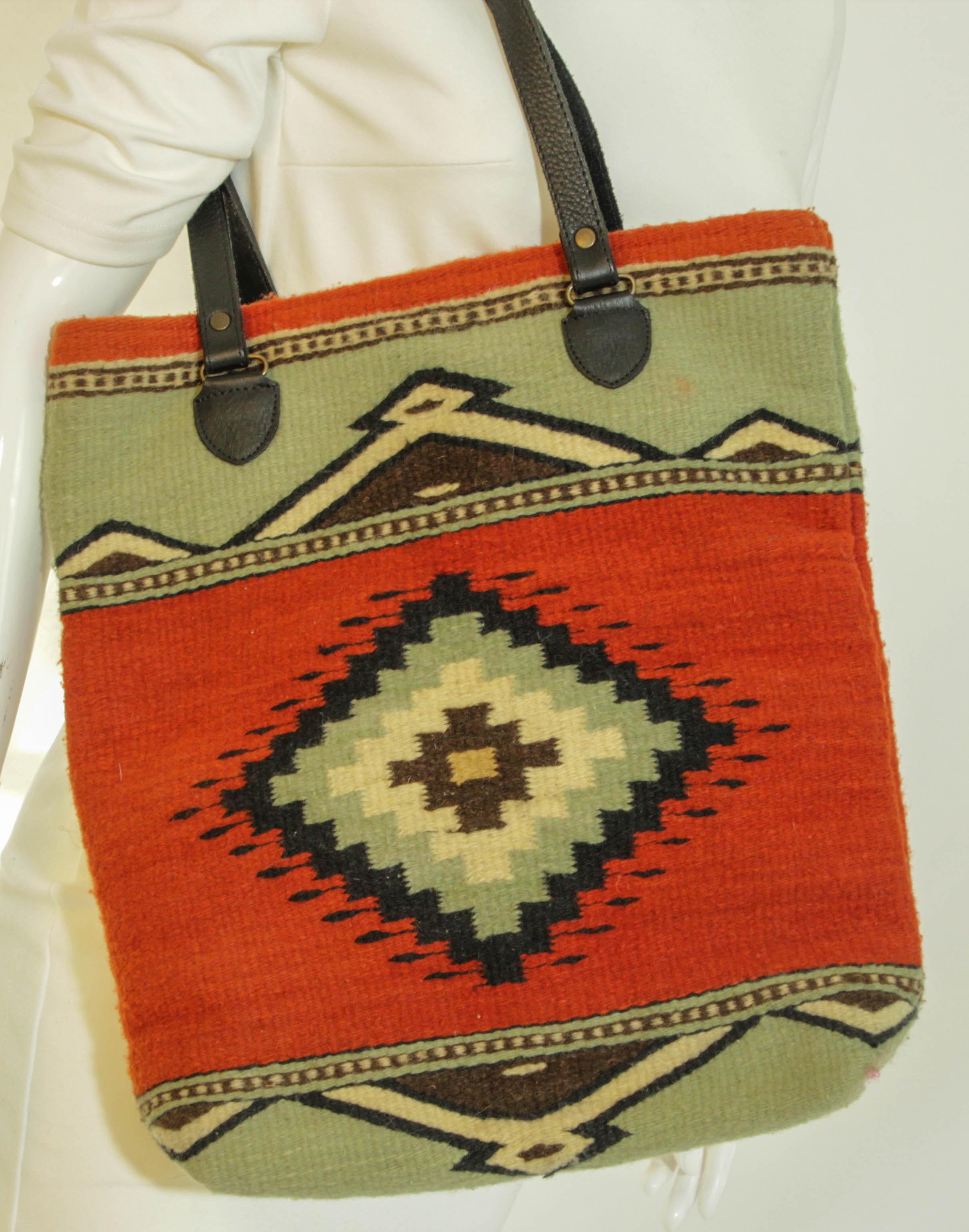 Women's or Men's South Western Wool Tote MZ Adobe and Azul Shoulder Bag For Sale