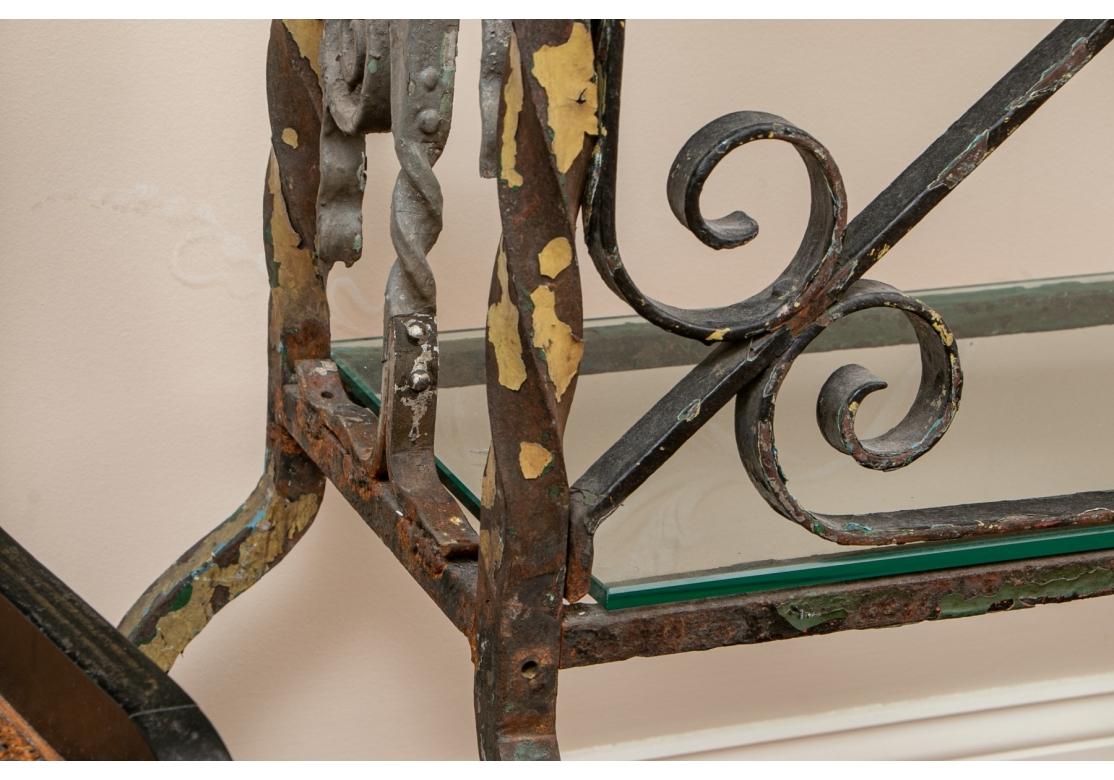 Art Nouveau Artisan Made Wrought Iron and Glass Console Table For Sale