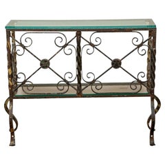Vintage Artisan Made Wrought Iron and Glass Console Table