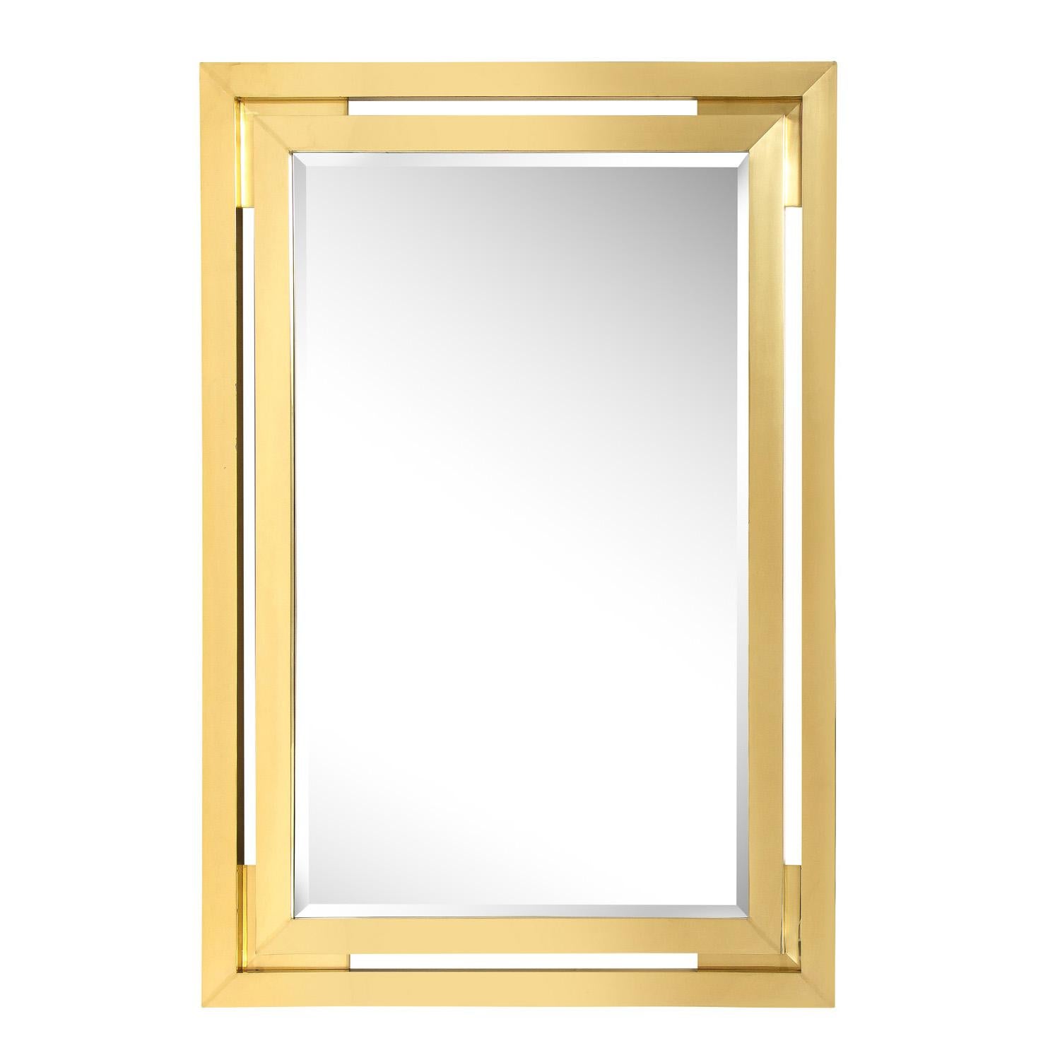 Beautifully crafted artisan mirror with double frame in polished brass with beveled mirror, custom design, American 1970s. This mirror is stunning. Great scale and materials.