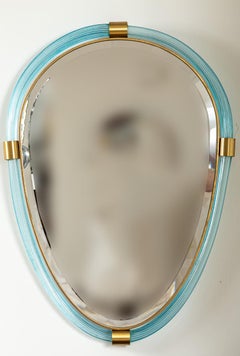 Artisan Murano Blown Aquamarine Oval Torchere Mirror, Contemporary