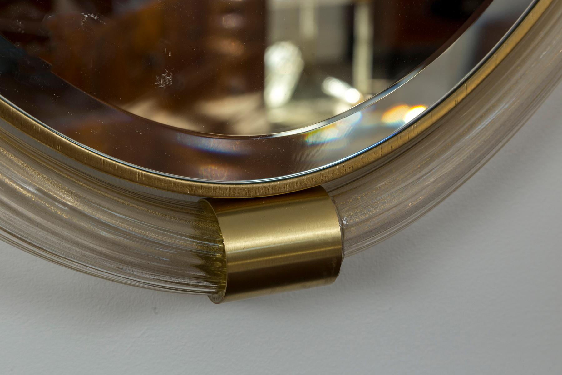 Blown Glass Artisan Murano Blown Gold Torchere Oval Mirror, Contemporary For Sale