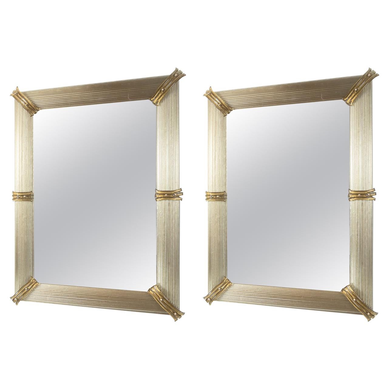 Pair of Large Murano Glass and Brass Mirrors For Sale at 1stDibs
