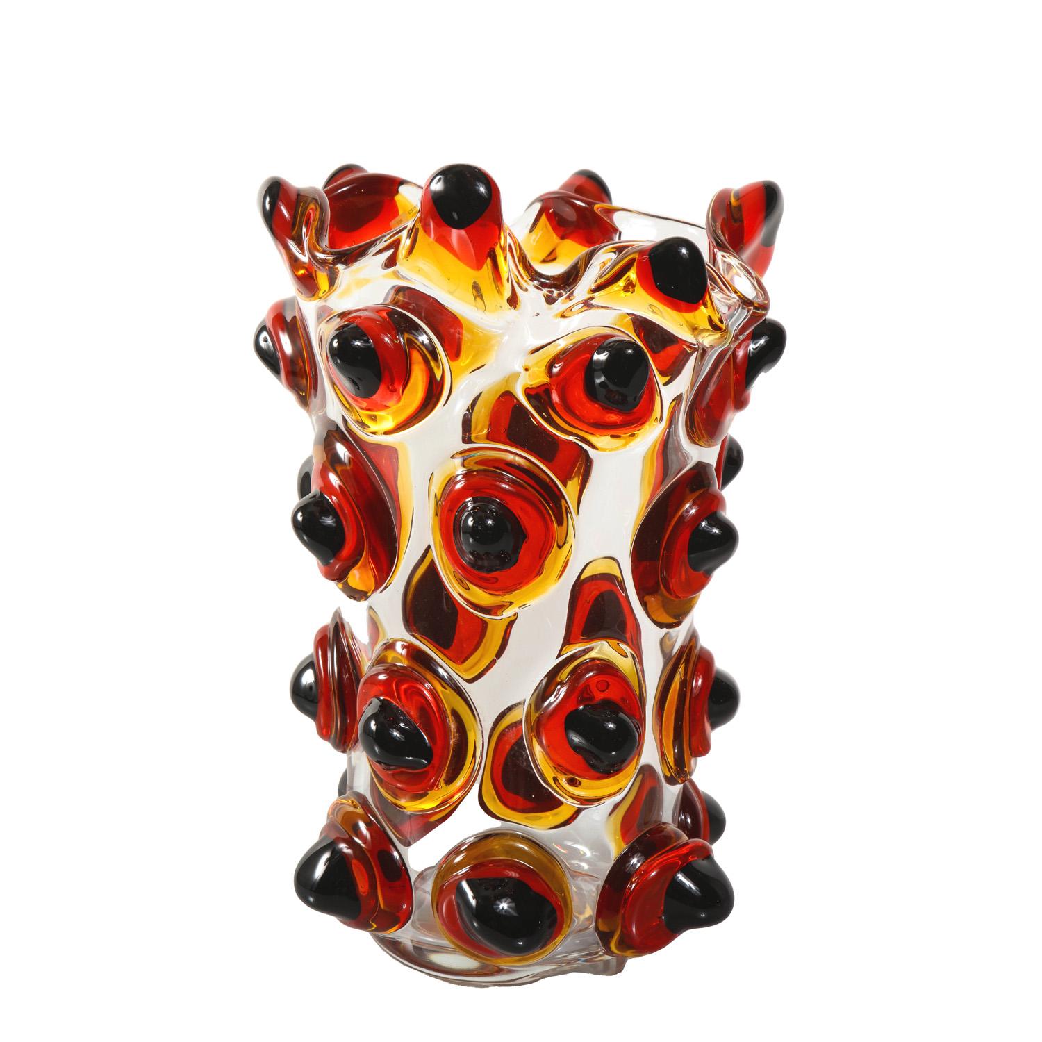 Large clear Murano glass vase with amber and black applied bulb design. Italy, 2021.