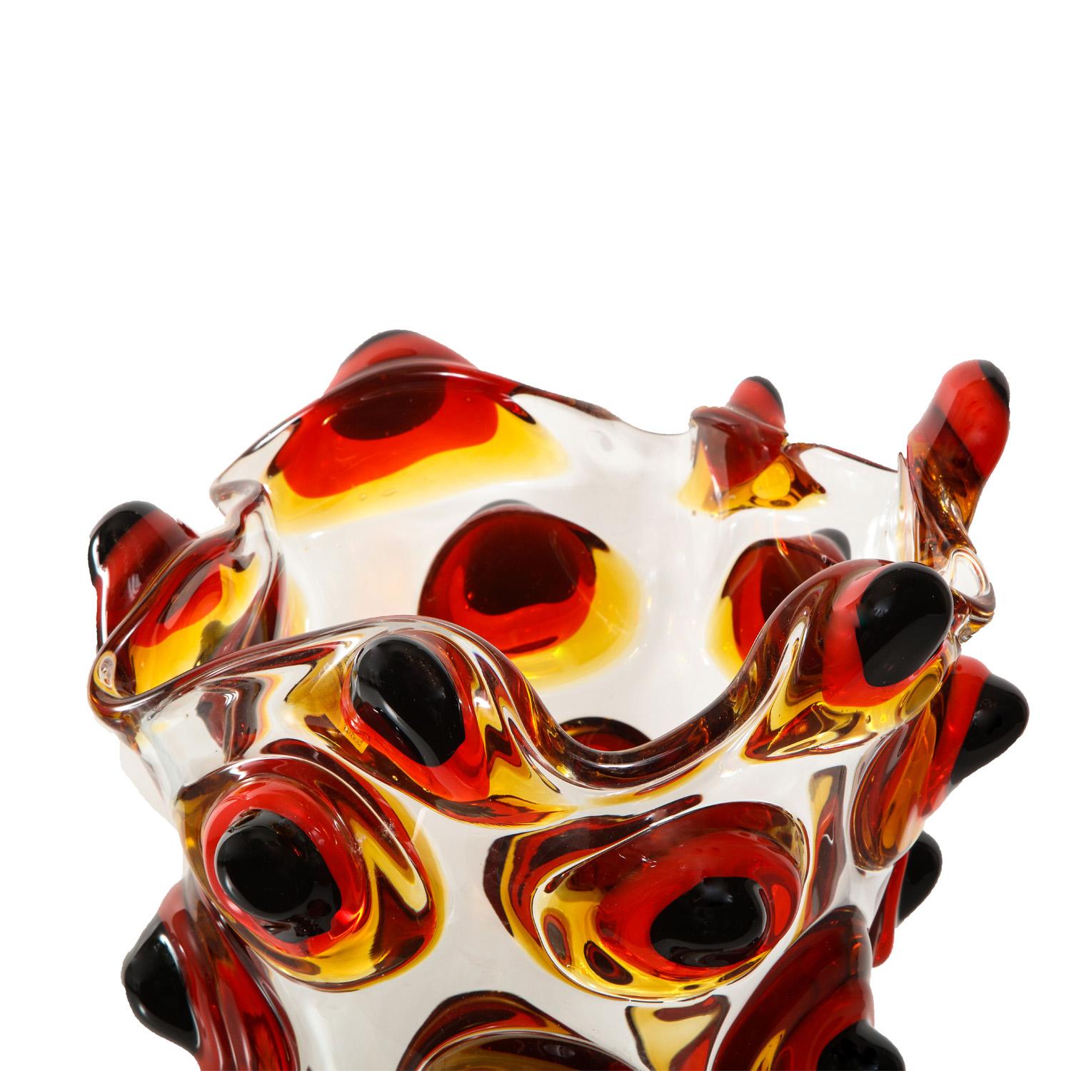 Hand-Crafted Artisan Murano Clear and Amber Art Glass Vase 2021 For Sale
