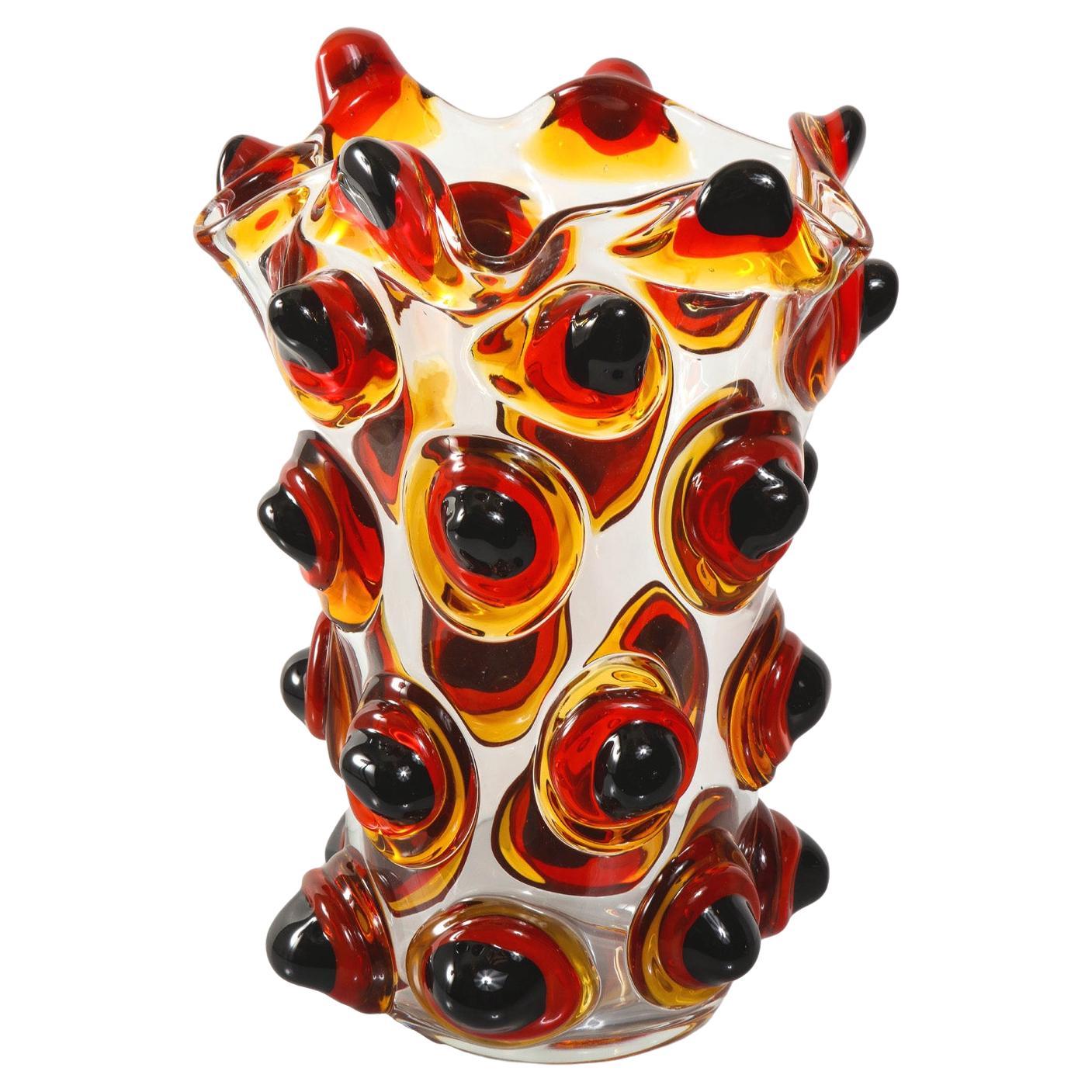 Vase d'art artisanal en verre de Murano transparent et ambré 2021 en vente