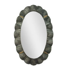 Hand-Crafted Oval Murano Glass Tile Mirror with Shell Motif