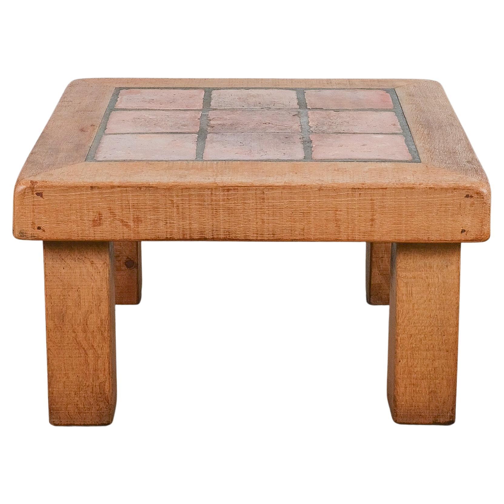Artisan Oak Terracotta Tiles Coffee or Outdoor Table, France, 1950