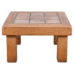 Artisan Oak Terracotta Tiles Coffee or Outdoor Table, France, 1950