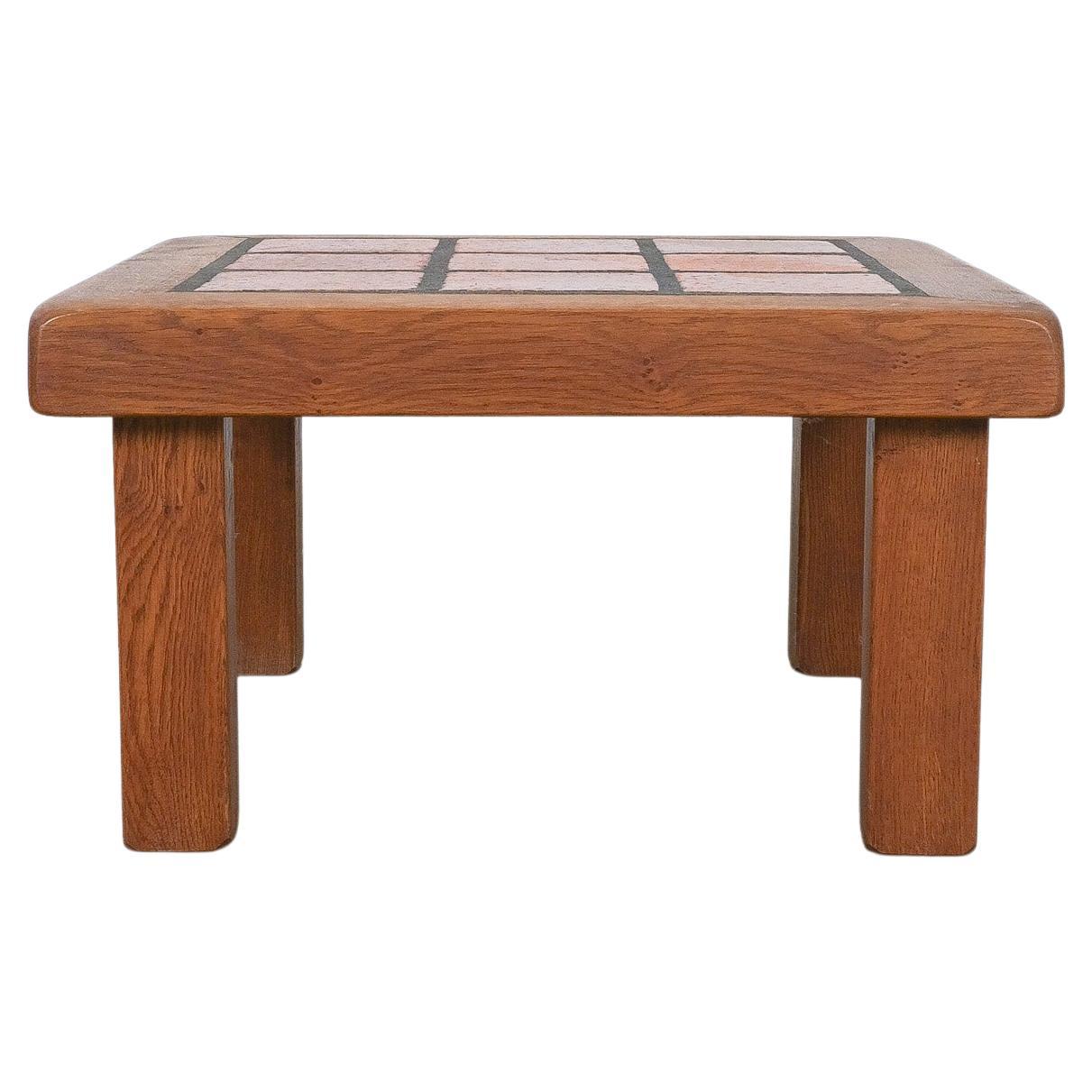 Artisan Oak Terracotta Tiles Coffee or Outdoor Table, France, 1950