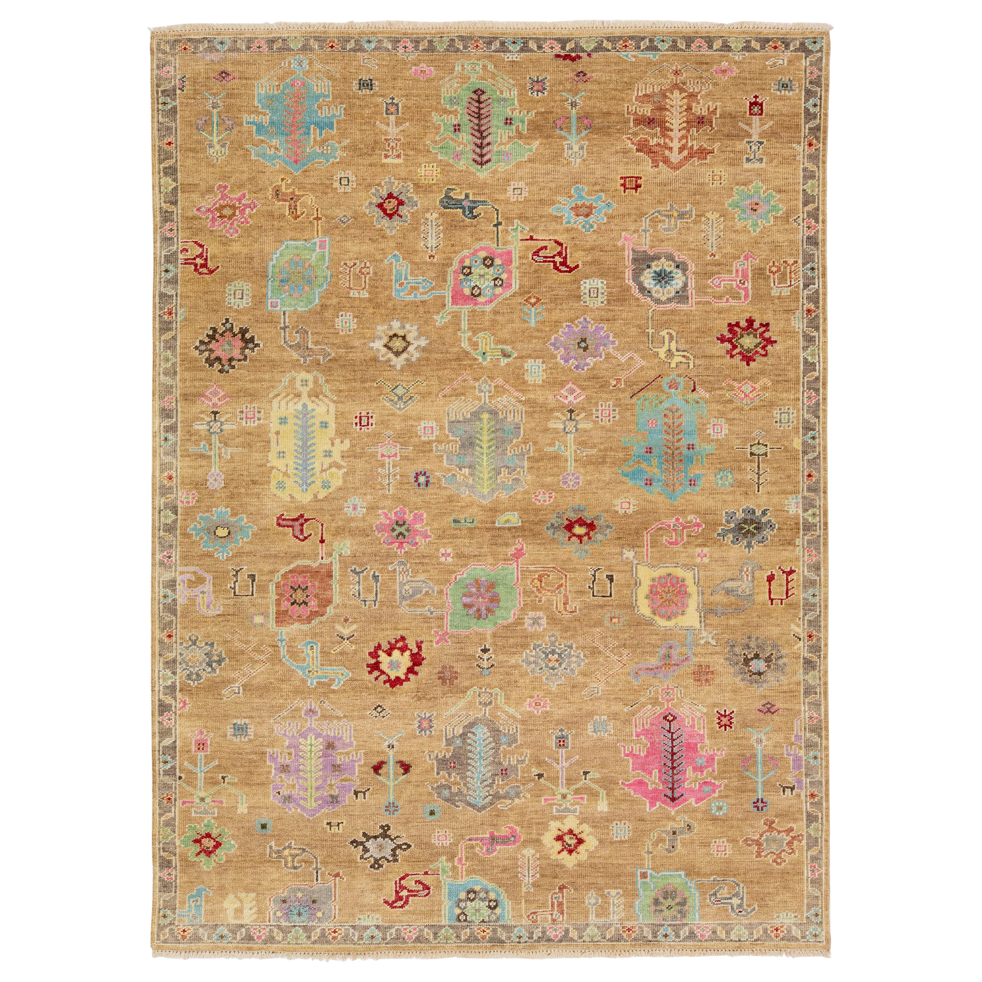 Artisan Oushak-Inspired Hand-Knotted Modern Wool Rug Pastel Geometric Design