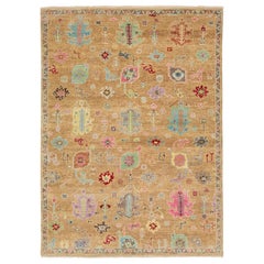 Artisan Oushak-Inspired Hand-Knotted Modern Wool Rug Pastel Geometric Design