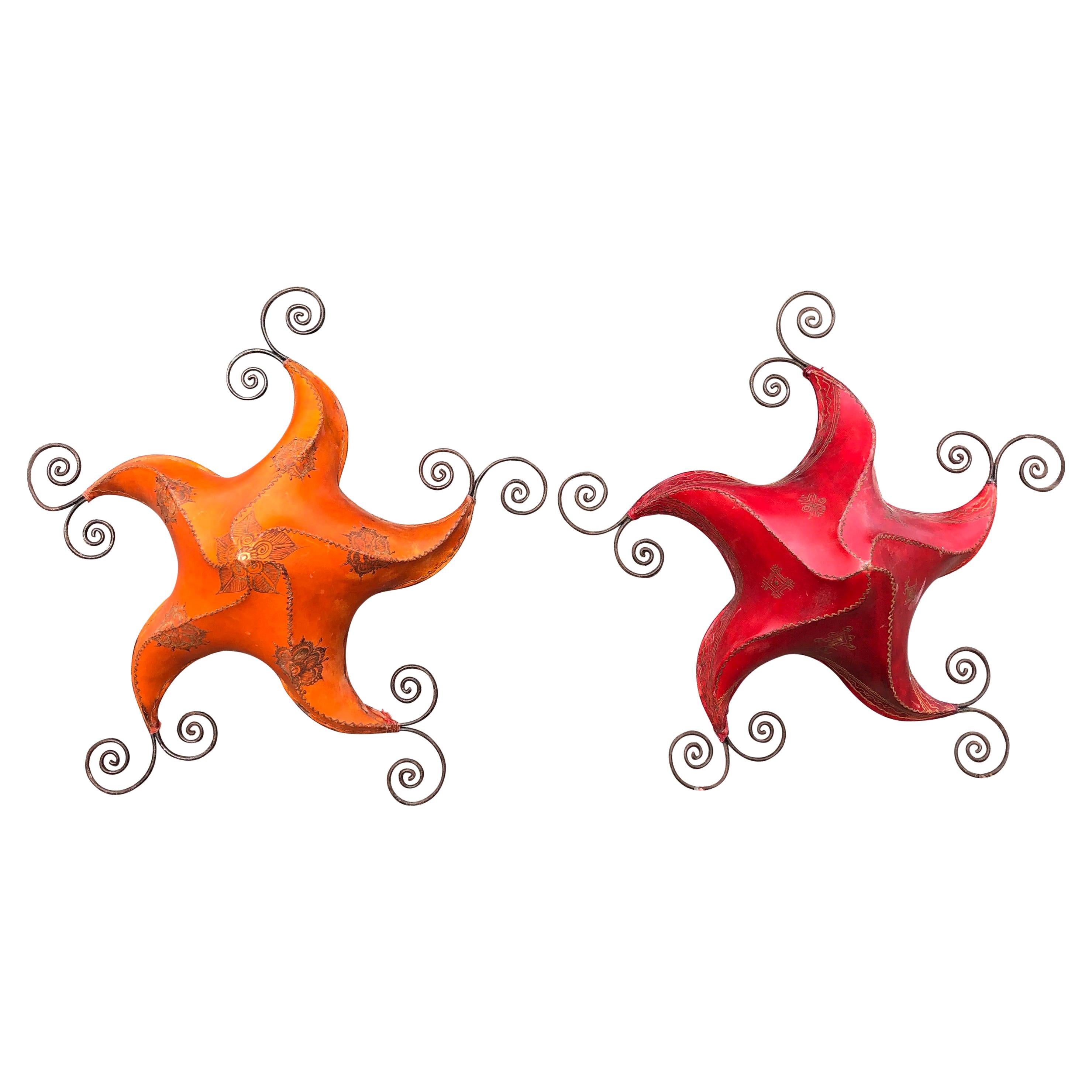 Artisan Pair of Arts & Crafts Handcrafted Leather Star Light Ornaments
